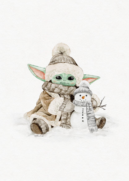 Winter Baby Grogu Inspired Watercolour Print 💚